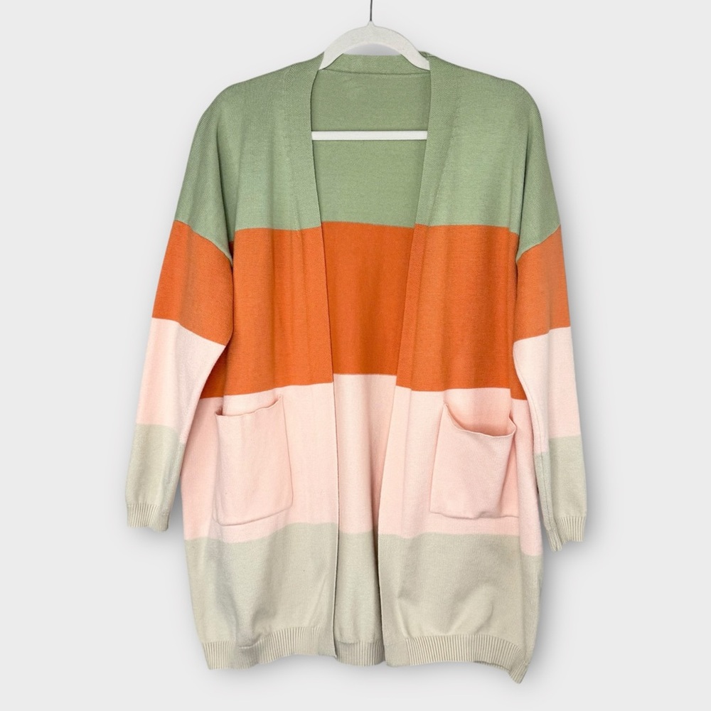 Boutique Striped Open-Front Cardigan M Sage Green, Orange, Peach, Tan Trending